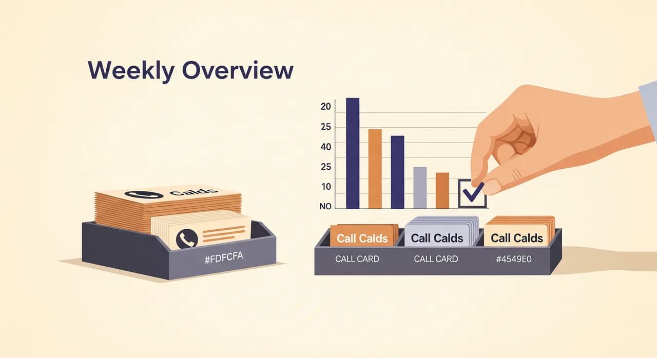 Editorial flat illustration of a weekly overview: a simple bar-chart style stack of call cards sorted into small labelled trays, a hand adding a checkmark, calm organised desk, warm muted colours, geometric style, no text in image.