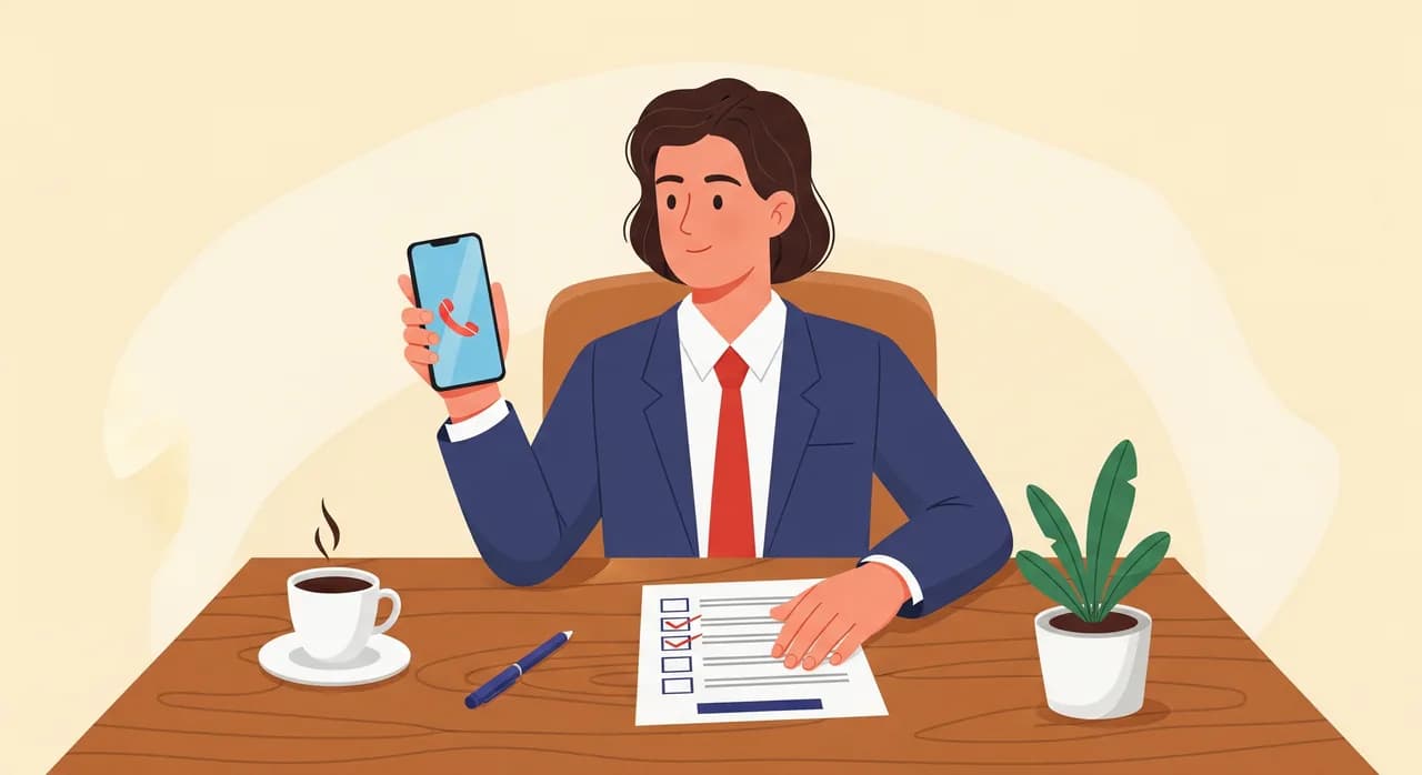 木製のデスクに向かう小規模事業者を描いたエディトリアル調のフラットイラスト。印刷したチェックリストと、通話中の画面が映るスマートフォン、そばにコーヒーカップと鉢植え。落ち着いた暖色系、静かで集中した雰囲気、画像内に文字はなし。