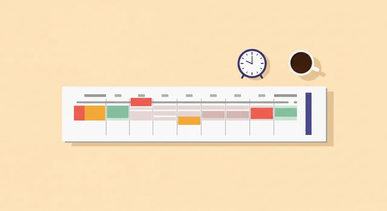 Redaktionelle Flat-Illustration einer Tagesplaner-Zeitleiste als horizontaler Balken, mit farbigen Blöcken für Termine und sanft schraffierten Bändern dazwischen für Pufferzeiten, daneben eine kleine Uhr und eine Kaffeetasse, ruhige gedeckte Farben, ohne Text im Bild