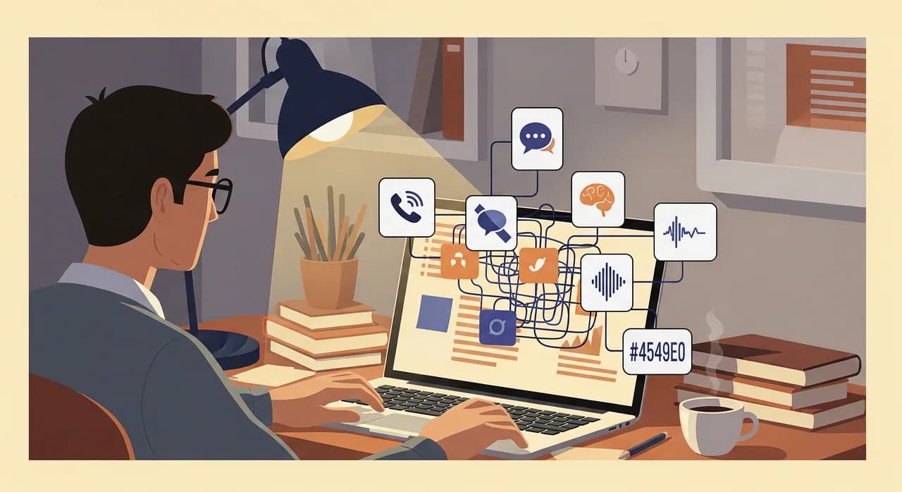 Editorial flat illustration of a small business owner at a cluttered desk at night, laptop open with a tangle of connected boxes labelled with abstract icons for phone, speech, brain, and voice, coffee cup nearby, warm lamp light, no readable text, calm muted colour palette