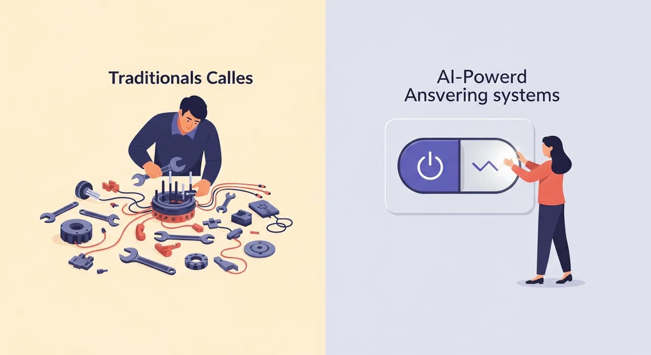 Editorial flat illustration comparing two paths side by side, on the left a person hand-assembling many small machine parts with wrenches and wires, on the right a person calmly flipping a single large switch labelled only with an abstract power icon, balanced composition, muted professional colours, no readable text