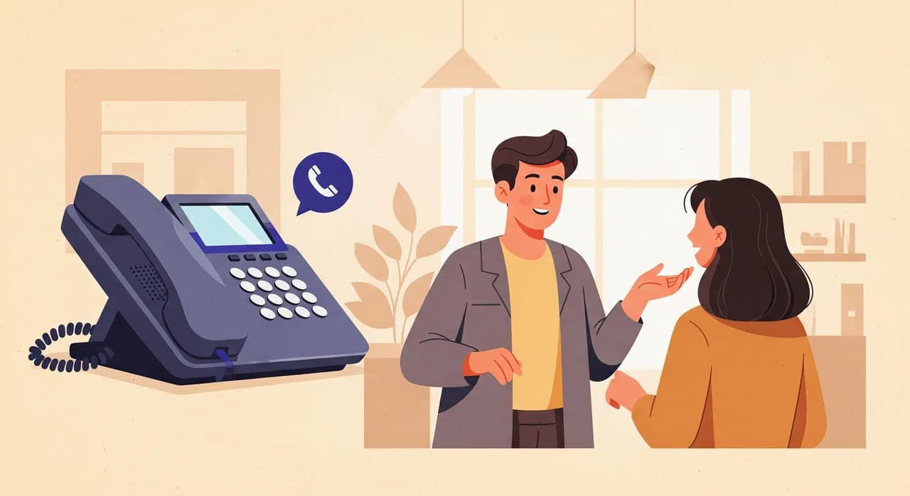 Editorial flat illustration of a relaxed small business owner in a bright shop or salon helping a customer in person, while a stylised phone in the background quietly answers a call on its own with a small speech bubble icon, warm inviting colours, sense of calm and focus, no readable text
