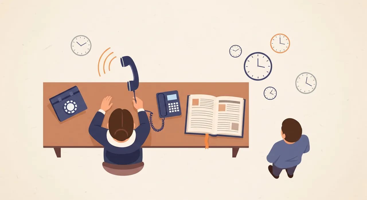 Editorial flat illustration of a small-business front desk from above: a receptionist mid-task at a counter, a ringing phone, an open appointment book, and a customer waiting, with faint clock icons scattered around to suggest fragmented time. Muted professional palette, single warm accent color, no text in the image.