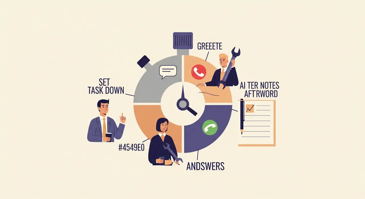 Editorial flat illustration showing a single phone call broken into four stacked segments like a stopwatch dial — a small talking segment in the middle flanked by larger segments for setting a task down, greeting and reaching for tools, and writing notes afterward. Clean vector style, muted palette with one accent color, no text in the image.