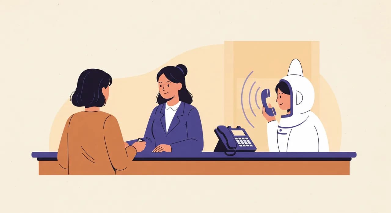 Editorial flat illustration of a calmer front desk: a receptionist attentively helping an in-person customer at the counter while an automated phone assistant, shown as a gentle abstract wave or soundwave icon beside the phone, quietly handles a separate incoming call. Warm, uncluttered composition, muted palette with a single accent color, no text in the image.