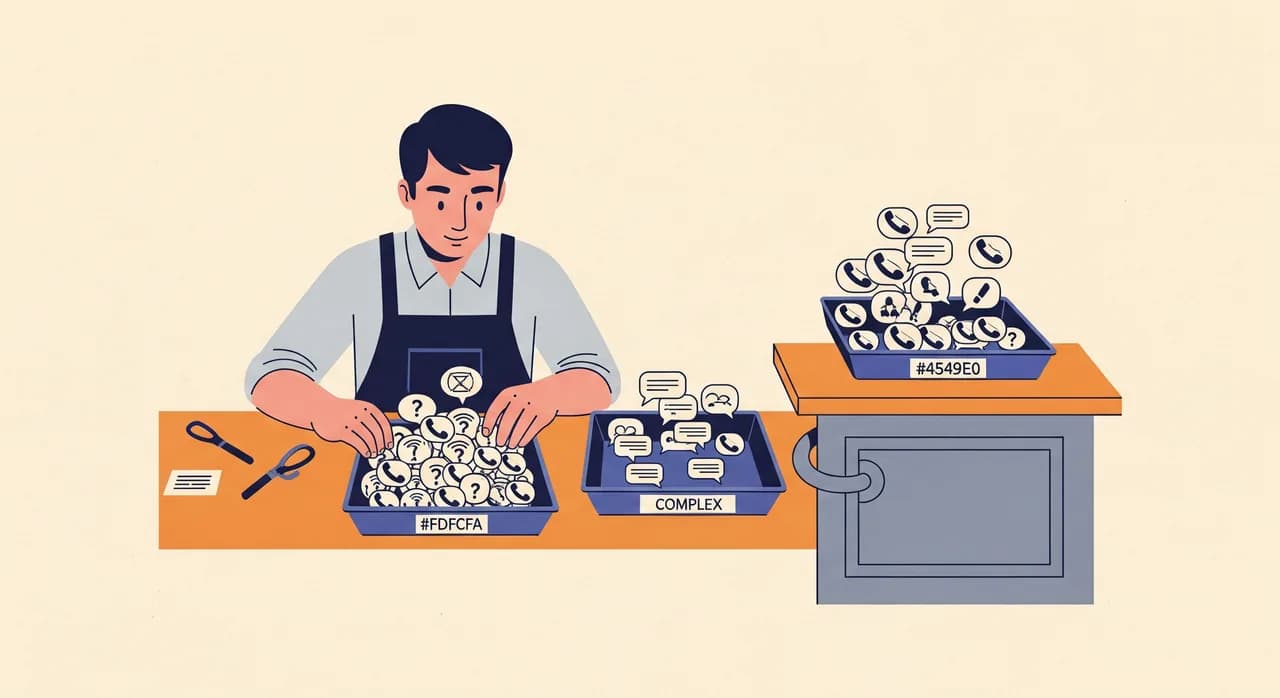 Redakční plochá ilustrace majitele malé firmy u ponku, jak třídí příchozí telefonní hovory do tří popsaných přihrádek — jedna přetéká jednoduchými opakujícími se otázkami, jedna malá se složitými rozhovory, jedna vázaná na fyzickou recepci. Klidná tlumená paleta, v obraze žádný text.
