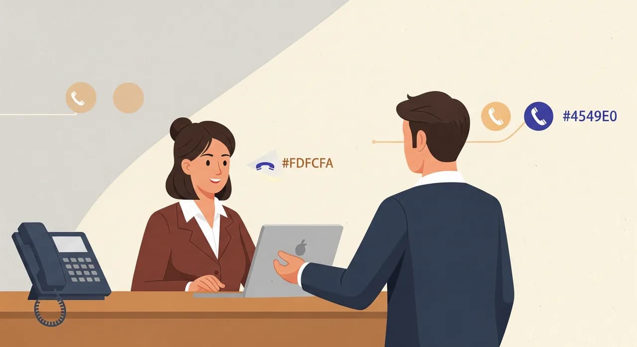 Redakční plochá ilustrace přátelské recepční, jak pomáhá zákazníkovi u fyzického pultu, zatímco jemně zářící telefonní linka v pozadí tiše zvedá druhý a třetí příchozí hovor. Vřelý kolektivní pocit, tlumená profesionální paleta, v obraze žádný text.