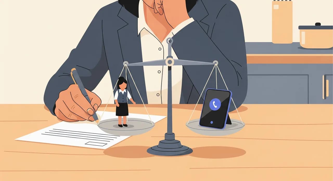 Redakční plochá ilustrace majitele firmy u kuchyňského stolu, jak počítá na papíře a váží malou figurku recepční na jedné straně vah proti kompaktnímu telefonnímu asistentovi na druhé, obě strany zhruba vyrovnané. Zamyšlená, poctivá nálada, tlumená paleta, v obraze žádný text.