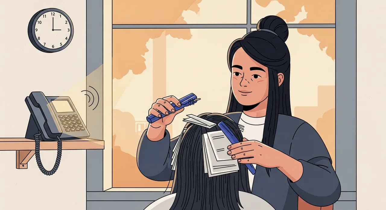 Editoriální plochá ilustrace jedné kadeřnice u křesla, oběma rukama rozděluje klientčiny vlasy do pramenů s alobalem, zatímco v pozadí bez povšimnutí září a zvoní telefon na recepci. Teplé denní světlo prochází výlohou, malé nástěnné hodiny ukazují krátce po poledni. Klidné, čisté, bez textu.