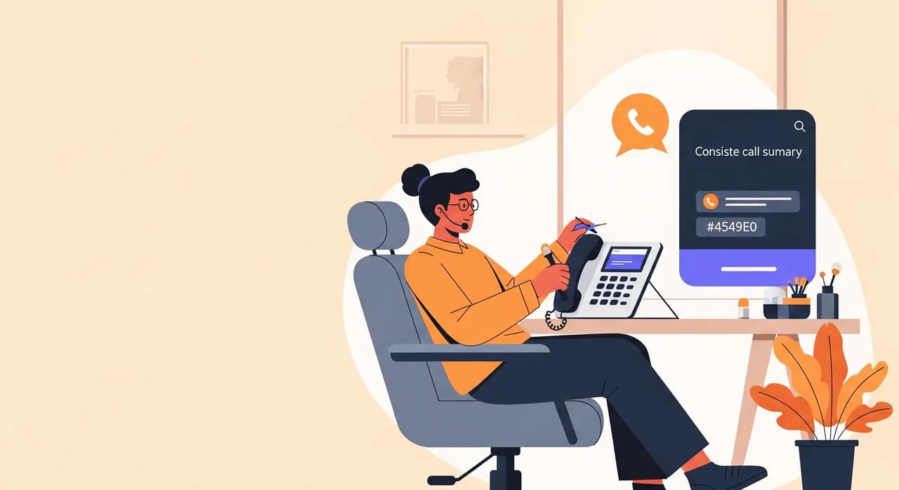 Editoriální plochá ilustrace uvolněné kadeřnice, která dál pracuje u křesla oběma rukama, zatímco jemný motiv řečové bubliny u telefonu na recepci naznačuje, že se hovor v pozadí hladce vyřizuje. Malá obrazovka telefonu ukazuje úhledné shrnutí hovoru. Teplá, klidná, profesionální paleta, žádný text v obraze.