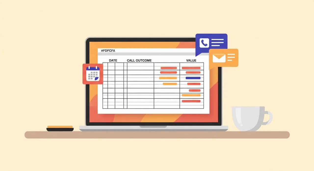 Redactionele platte illustratie van een eenvoudige spreadsheet op een laptopscherm met kolommen voor datum, oproepuitkomst en waarde, met kleine iconen voor een agenda-afspraak en een bericht, een koffiekopje naast de laptop, opgeruimd minimalistisch bureau, gedempt professioneel kleurenpalet, geen leesbare tekst