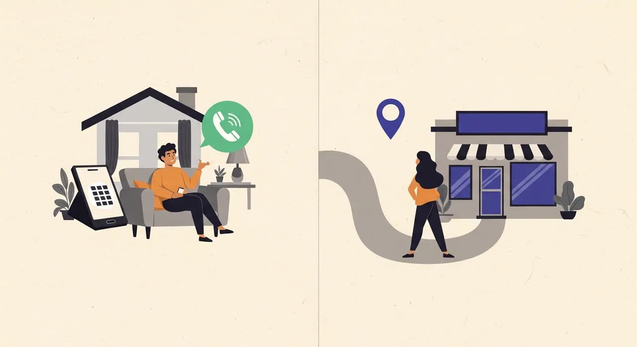 Redaktionel flad illustration af en delt scene: på den ene side en kunde derhjemme, der kigger på en telefon med et venligt besvaret opkald, på den anden side den samme kunde, der ser væk mod en konkurrents butiksfacade, forbundet af en buet sti, bløde varme og kølige toner, ingen læsbar tekst