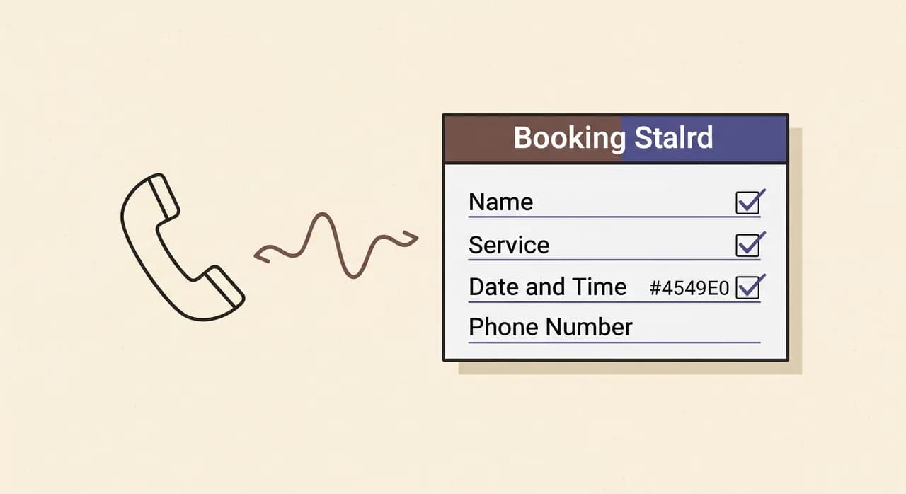 Editorial flat illustration of a stylised phone call turning into a structured booking card, with four labelled slots — name, service, date and time, phone number — each being ticked off. Calm blue and off-white palette, no text baked into the artwork, clean geometric shapes on a light background.
