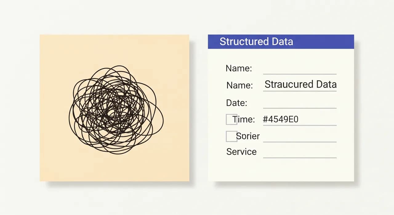 Editorial flat illustration contrasting two panels: on the left a messy tangled scribble labelled loosely as free text, on the right the same information sorted into neat labelled boxes for name, date, time and service. Soft blue accent on a light off-white background, minimalist geometric style, no readable text in the image.