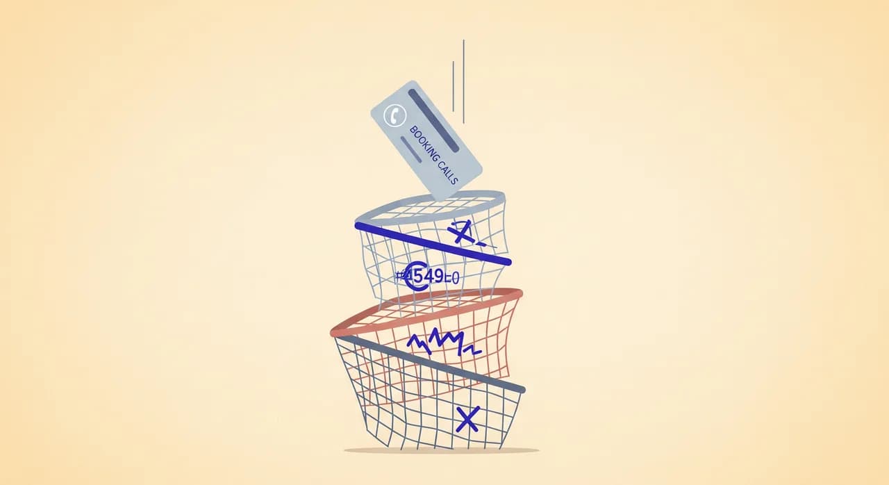 Editorial flat illustration of three stacked safety nets beneath a falling booking card, each net catching a different small error symbol. Warm reassuring tone, soft blue and off-white palette, minimalist geometric shapes, light background, no text rendered in the image.