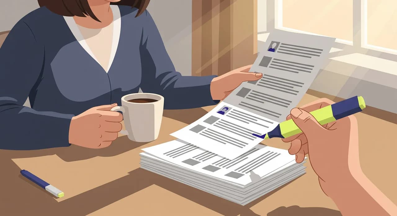 Editorial flat illustration of a small business owner sitting at a kitchen table with a coffee mug, reading a stack of printed phone call transcripts, a highlighter in hand, warm morning light through a window, calm and focused mood, muted professional colour palette