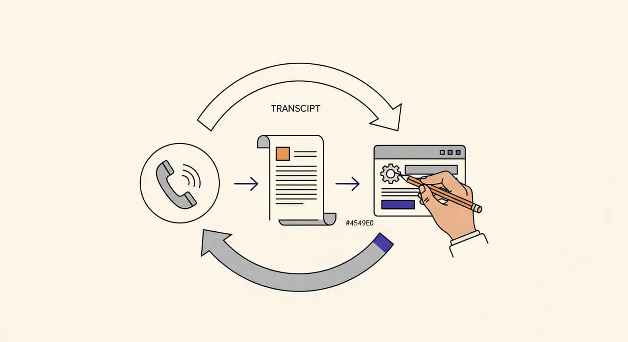 Editorial flat illustration of a simple circular feedback loop diagram: a phone icon, a transcript document, a pencil editing a settings panel, and an arrow curving back to the phone, clean minimal line work on a light background, four connected stages, no text labels