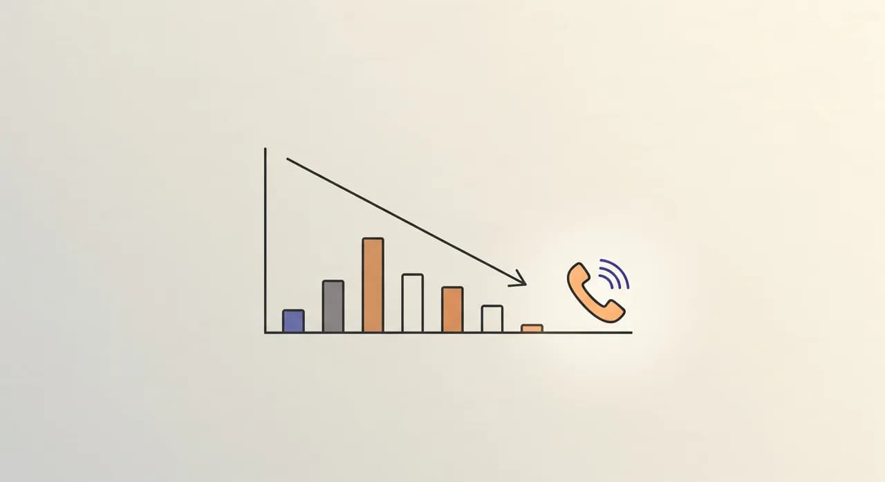Editorial flat illustration of a downward trending simple bar chart shrinking over several weeks, each bar smaller than the last, next to a small phone icon glowing softly, conveying fewer problems over time, calm optimistic mood, minimal line-and-fill style on a light neutral background, no text