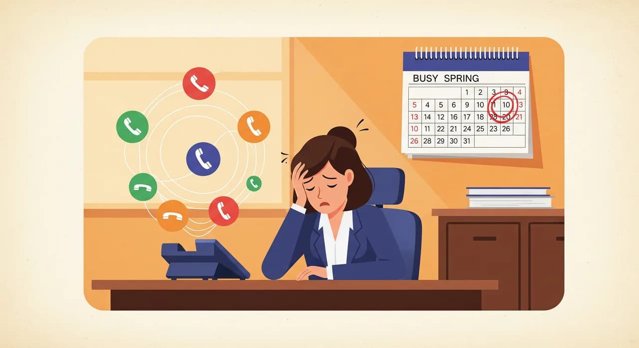 Editorial flat illustration of a small office front desk during a busy season: one overwhelmed receptionist at a desk with a single telephone, several incoming call icons swirling around, a wall calendar behind showing a busy spring month circled in red, warm amber and paper tones, no text in the image.