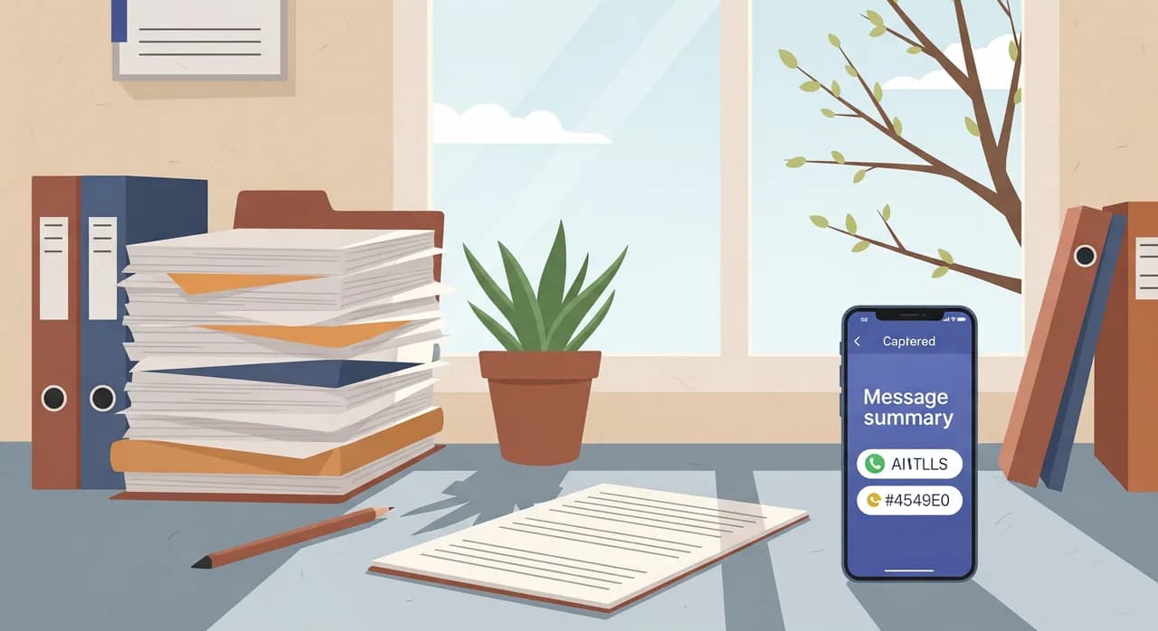 Editorial flat illustration of a tidy accountant's desk in spring: neat stacks of paper folders, a small potted plant, a phone quietly showing a captured message summary, a window with soft daylight and a tree budding outside, calm blue and cream palette conveying focus restored, no text in the image.