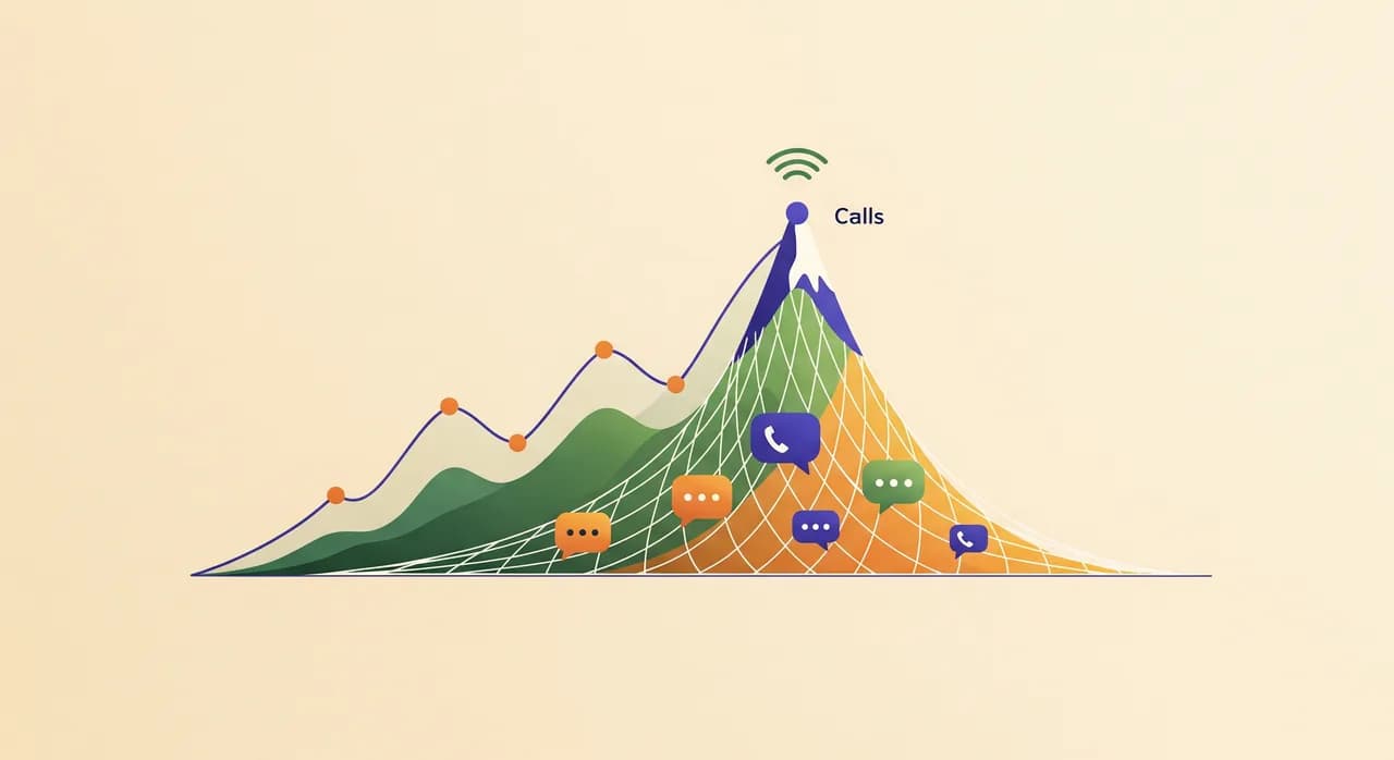 Editorial flat illustration of a line graph shaped like a mountain representing a seasonal call spike, with the peak of the curve caught in a soft safety-net shape below it, small friendly speech-bubble icons resting in the net, warm and reassuring green and amber tones, clean minimal style, no text in the image.
