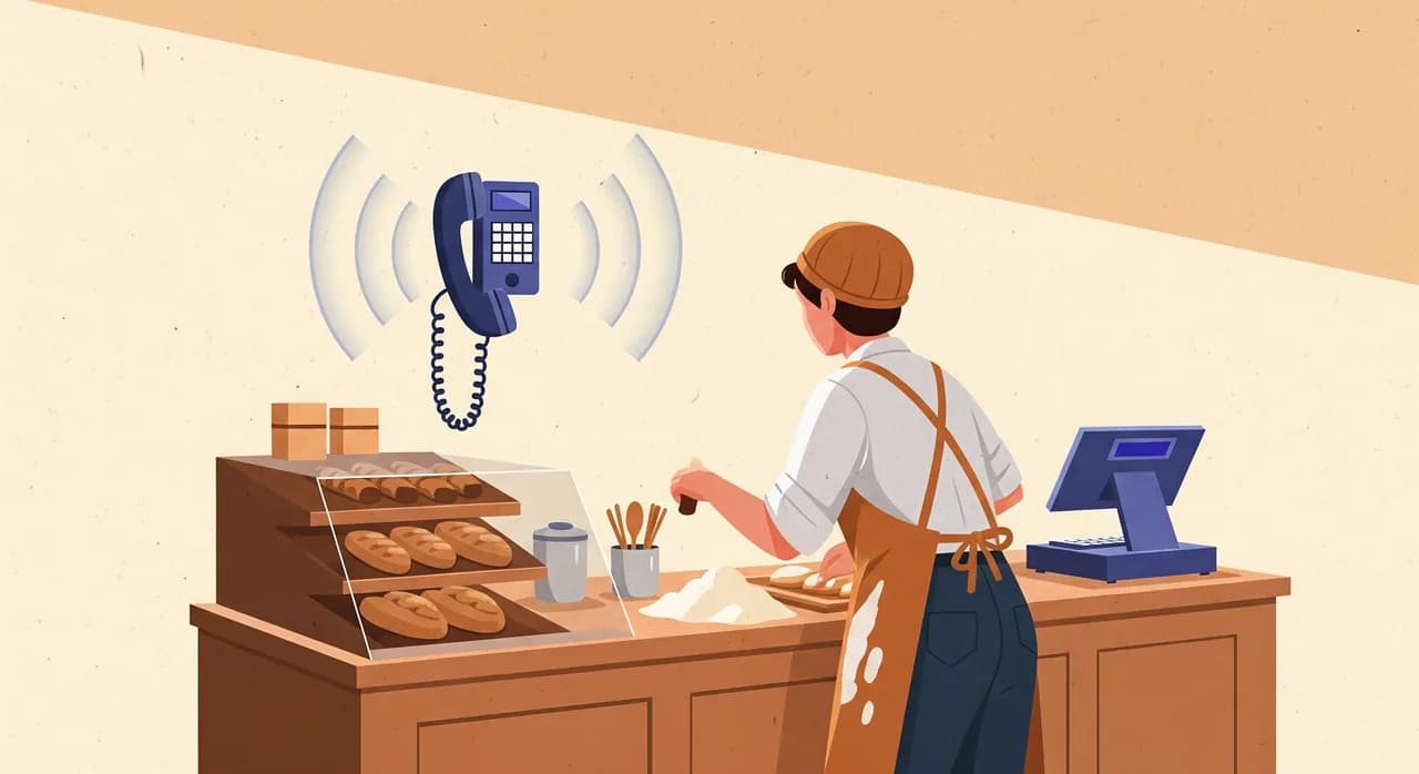 איור שטוח במראה מערכתי של דלפק מאפייה קטנה, טלפון מצלצל על הקיר עם שני גלי צליל רכים מתפשטים החוצה, הבעלים פונה אליו באמצע עבודה עם קמח על הסינר, אור יום חמים, רגוע ואנושי, ללא טקסט בתמונה.