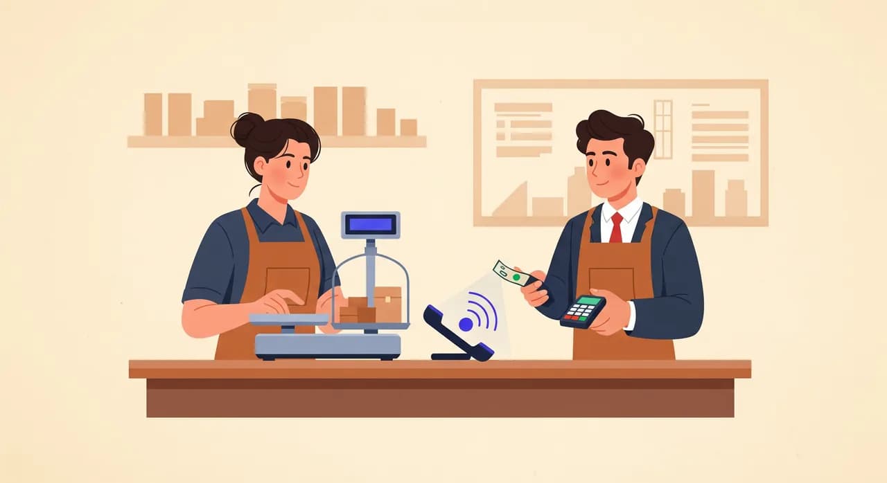 Editorial flat illustration of a small shop counter where two staff members are mid-task — one weighing goods, one handling a card payment for a customer — while a ringing phone glows on the counter between them, both glancing sideways at it. Warm, calm palette, no text.
