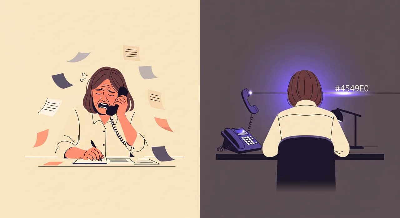 Editorial flat illustration comparing two scenes side by side: on the left a frazzled worker juggling a phone and a task at once with scattered notes; on the right the same worker calm and focused on their craft while a steady, glowing dedicated phone line handles the call in the background. Balanced, hopeful palette, no text.