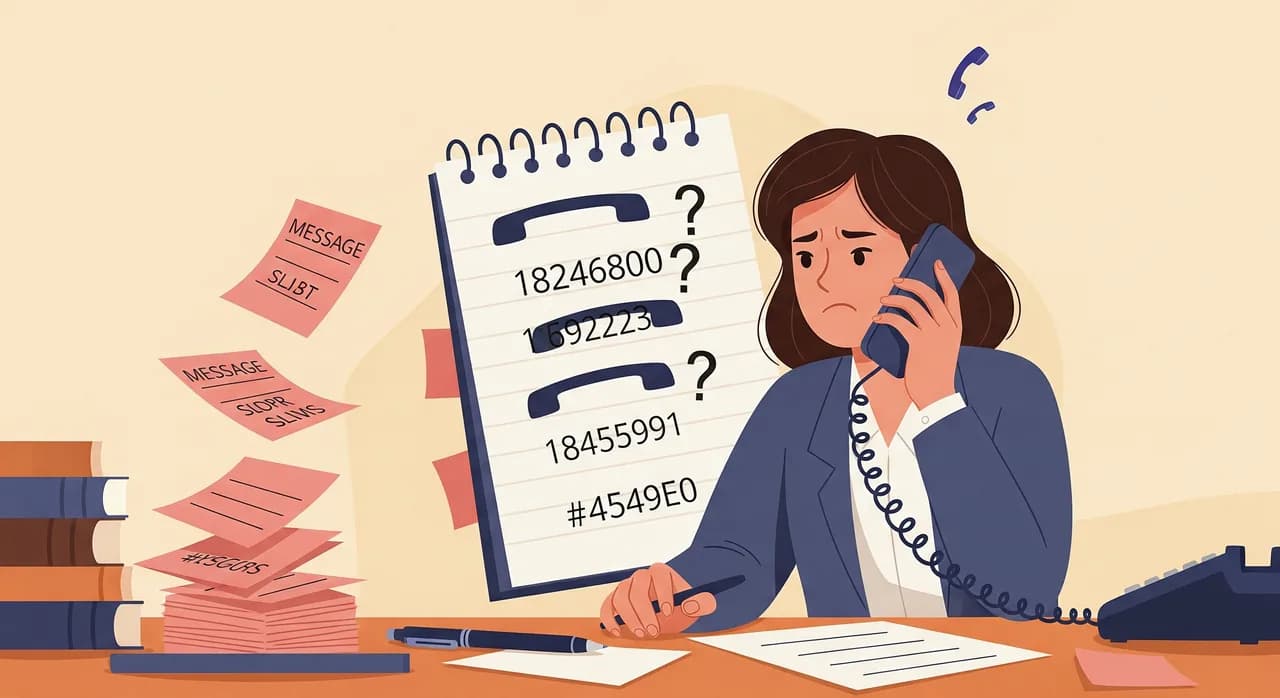 Editorial flat illustration of a small-business owner at a cluttered desk, phone pressed to one ear, frowning at a notepad covered in half-scribbled phone numbers with question marks, a stack of pink message slips toppling over, warm muted tones, no text in image