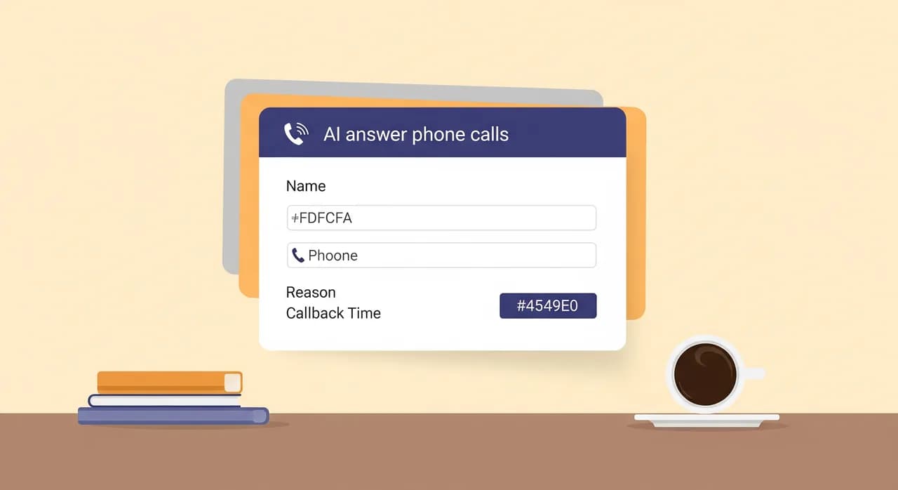 Editorial flat illustration of a clean smartphone notification card showing a structured message with labelled fields for name, phone number, reason and callback time, floating above a calm workspace with a coffee cup, soft blues and warm neutrals, no readable text in image