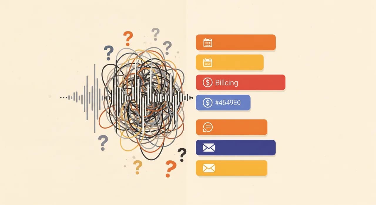 Editorial flat illustration split down the middle: on the left a tangled mess of audio waveforms and question marks in grey, on the right a neat row of tidy labelled cards in bright colour, symbolising raw voicemail versus organised structured messages, clean modern style, no text in image