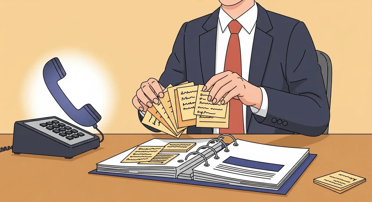 Editorial flat illustration of a small business owner at a desk sorting a fan of handwritten sticky notes into a single tidy binder, a stylised phone handset glowing softly beside them, warm muted palette, a sense of turning scattered knowledge into one organised source; no text baked into the image.