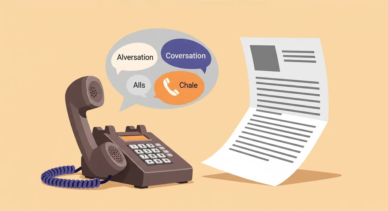 Editorial flat illustration of a friendly speech bubble containing simple everyday phrases floating above a phone, contrasted with a stiff formal document being gently crumpled aside, symbolising spoken language beating brochure language, soft warm colours, calm composition; no text baked into the image.
