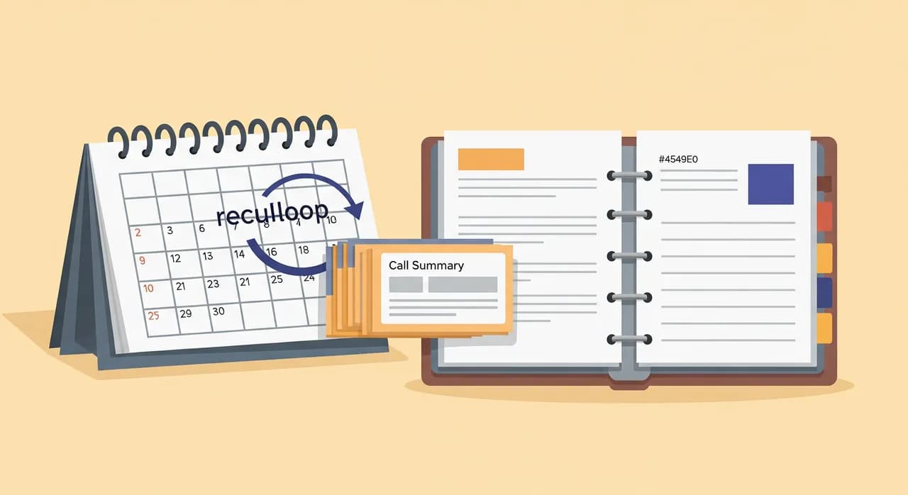Editorial flat illustration of a calendar page with a small recurring loop arrow beside a stack of neatly labelled call summary cards feeding back into an open knowledge binder, suggesting a monthly review cycle that keeps information fresh, gentle warm palette, orderly and reassuring composition; no text baked into the image.
