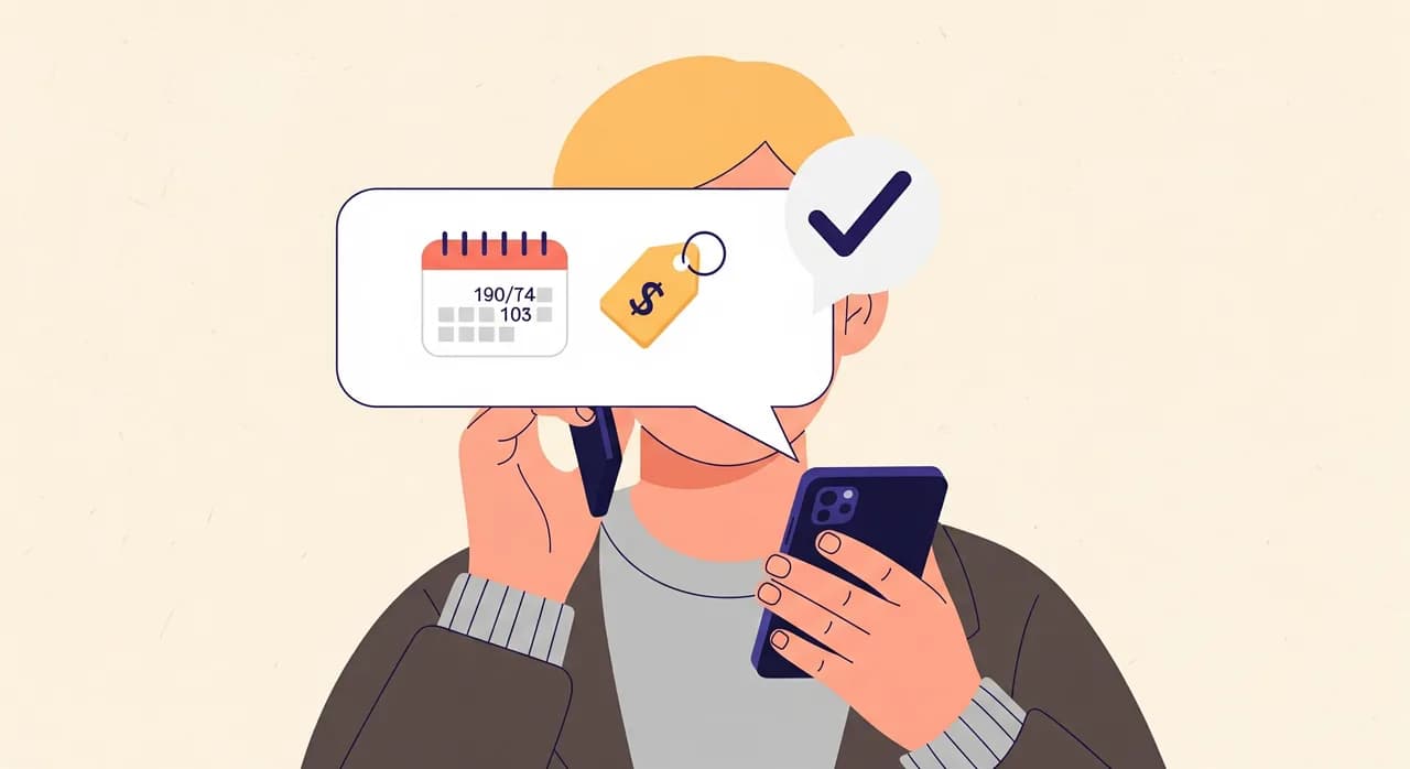 Redaktionel flad illustration af en person, der holder en telefon op til øret og tester sin egen AI-assistent, med en taleboble der indeholder en opdateret kalender og et prisikon. Et flueben svæver og viser, at svaret nu er korrekt. Lyst, betryggende, ingen synlig tekst.
