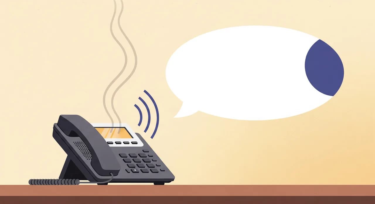 Redakční plochá ilustrace firemního telefonu na uklizené recepci, z jehož sluchátka stoupají jemné zvukové vlny, které se stáčejí do klidné bubliny řeči; teplé neutrální tóny, žádný text, vyjadřují klidně zvednutý hovor, nikoli zvonící zmeškaný.