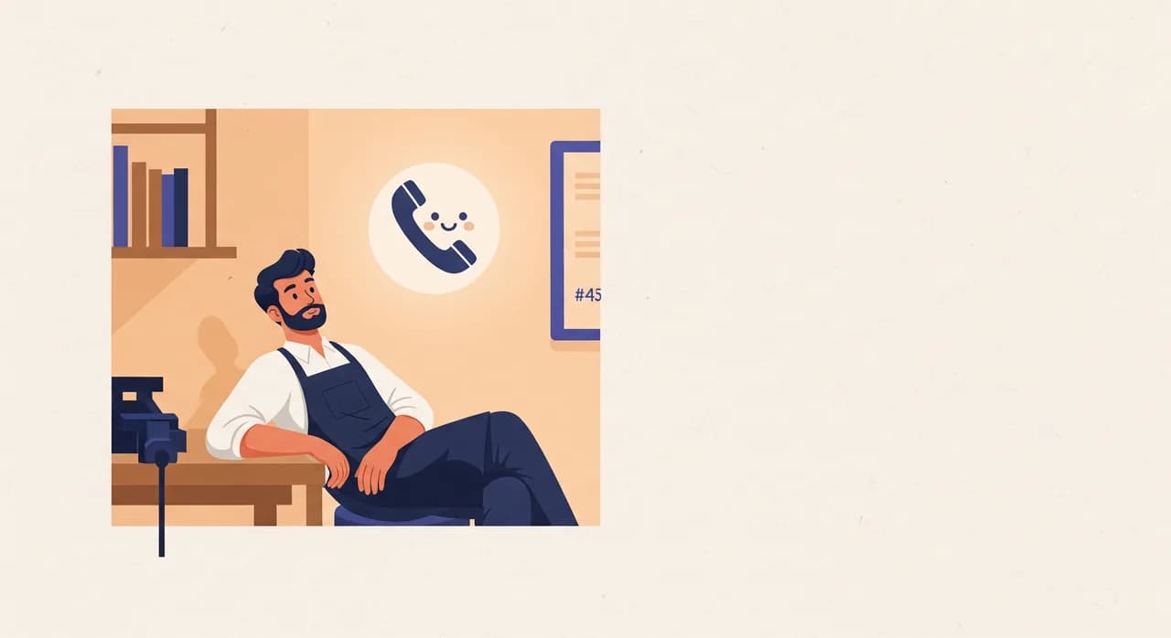 Redakční plochá ilustrace majitele firmy v zástěře, který v klidu stojí u pracovního stolu, zatímco přátelská ikona telefonu na zdi jemně svítí a představuje hovory vyřizované na pozadí; teplé, klidné, lidské, minimalistické, bez textu v obrázku.