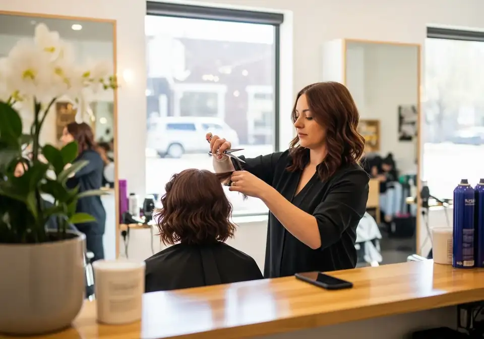 Salon owner busy with a client while the phone rings at reception